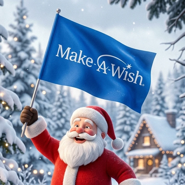 Santa waving a Make-A-Wish flag in a snowy forest
