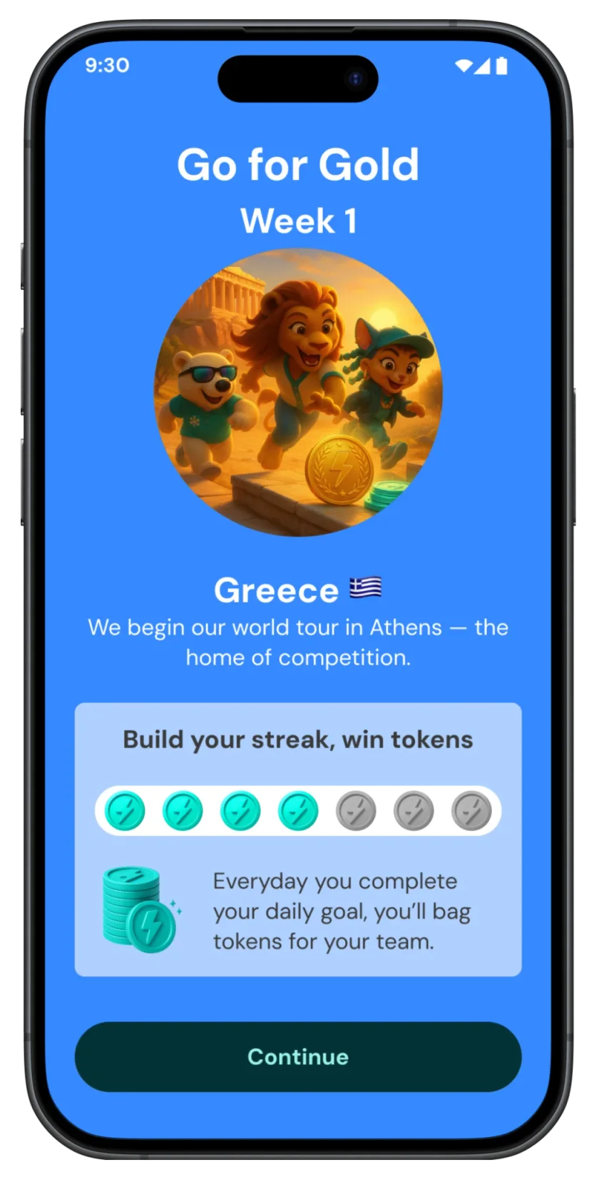 Go for Gold Week 1 intro screen in the GoChallenge app