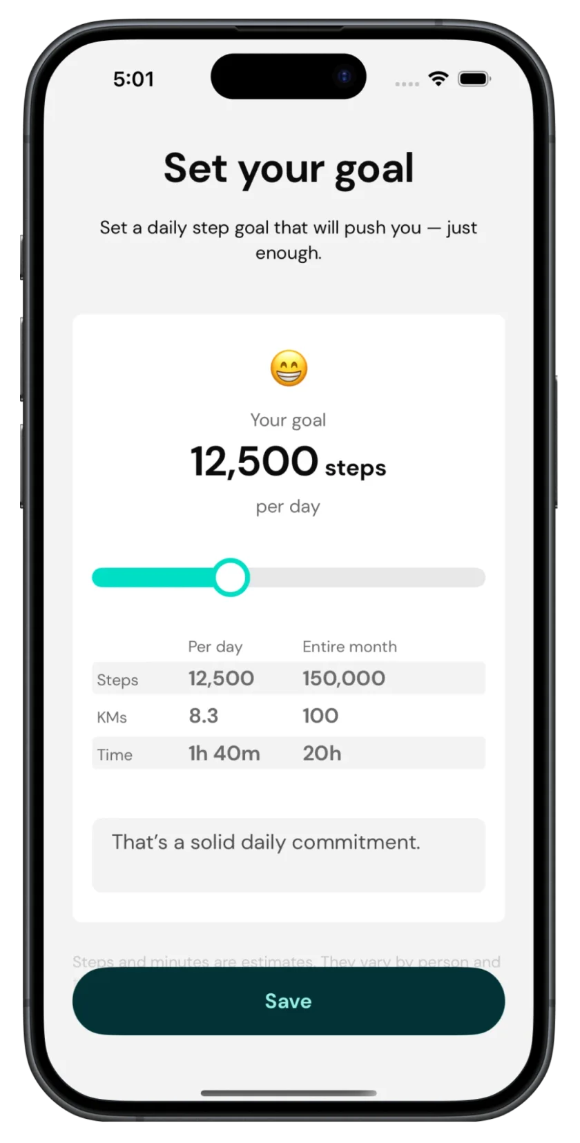 Goal setting screen with a slider set to 12,500 steps per day