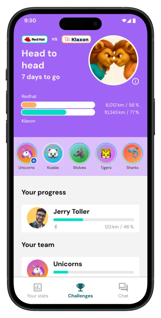 Head to Head challenge screen in the GoChallenge app
