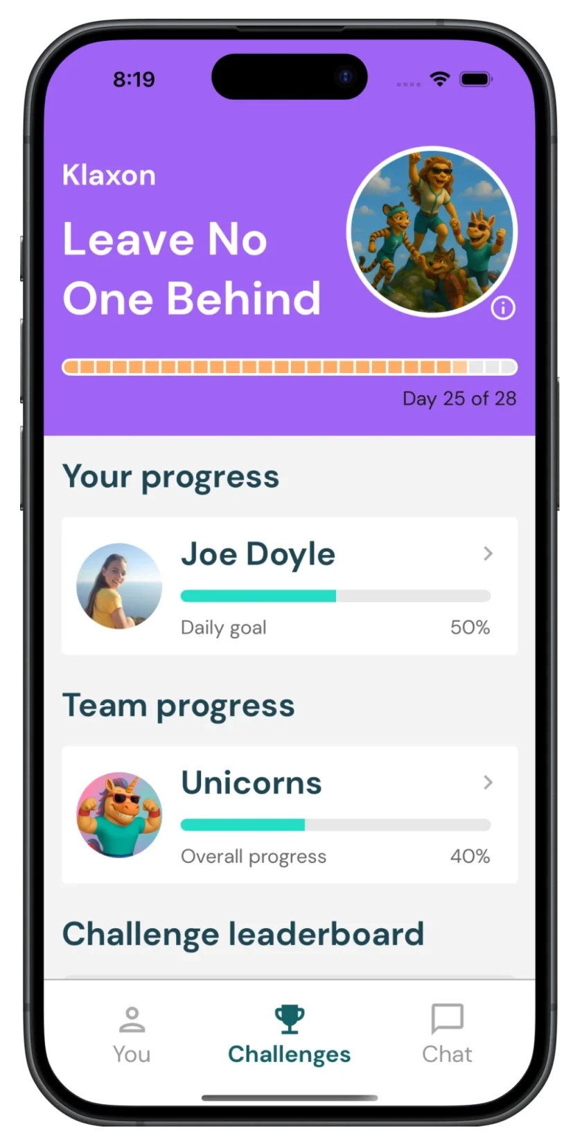 Leave No One Behind challenge screen in the GoChallenge app