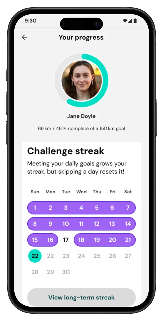 Challenge streak calendar with consecutive days highlighted